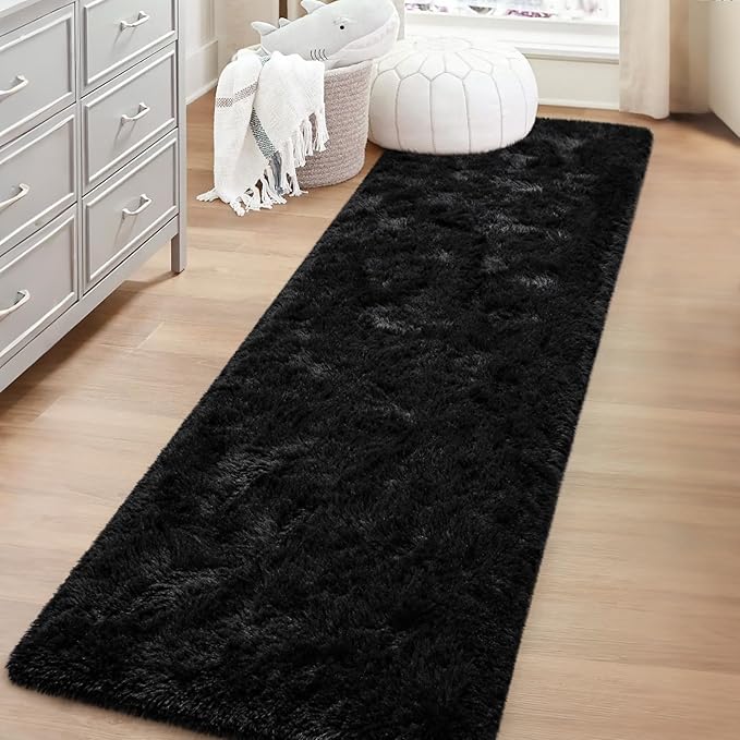 TWINNIS Super Soft Shaggy Runner Rugs Fluffy Carpets, 2x6 Feet, Indoor Modern Plush Area Rugs for Hallway Living Room Bedroom Kitchen Entryway, Upgrade Anti-Skid Rectangular Fuzzy Rug, Black