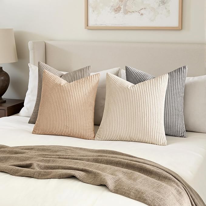 MIULEE Boho Farmhouse Neutral Cream Throw Pillow Covers 18x18 Inch Set of 4 Mordern Nordic Cushion Covers Soft Corduroy Spring Home Decor for Couch Bed Sofa Living Room