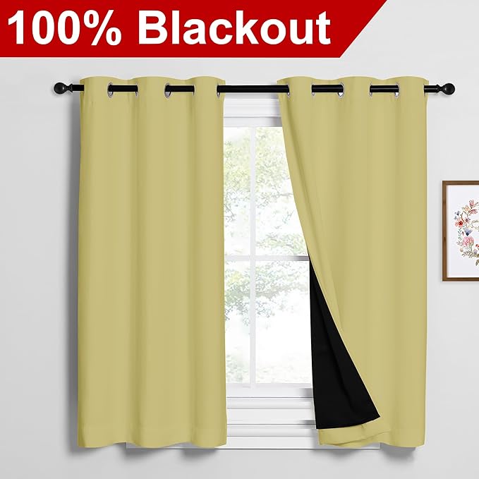 NICETOWN Paler Yellow 100% Blackout Curtains 2 Panels with Black Liners, Thermal Insulated Full Blackout 2-Layer Lined Drapes, Noise Cancellation Window Draperies for Dining Room (42" W by 54" L)