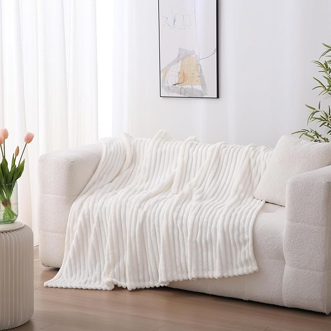 Cream White Fleece Throw Blanket 108”×90” for Couch Sofa Bed,Super Soft Cozy Plush Microfiber Flannel Blanket with Stripes Design Lightweight for Adults,Woman,Girls