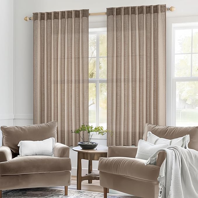 MIULEE Taupe Linen Curtains 54 Inch Length 2 Panels for Bedroom Living Room, Soft Thick Linen Textured Natural Short Window Drapes Semi Sheer Light Filtering Back Tab Rod Pocket Burlap Look Decor