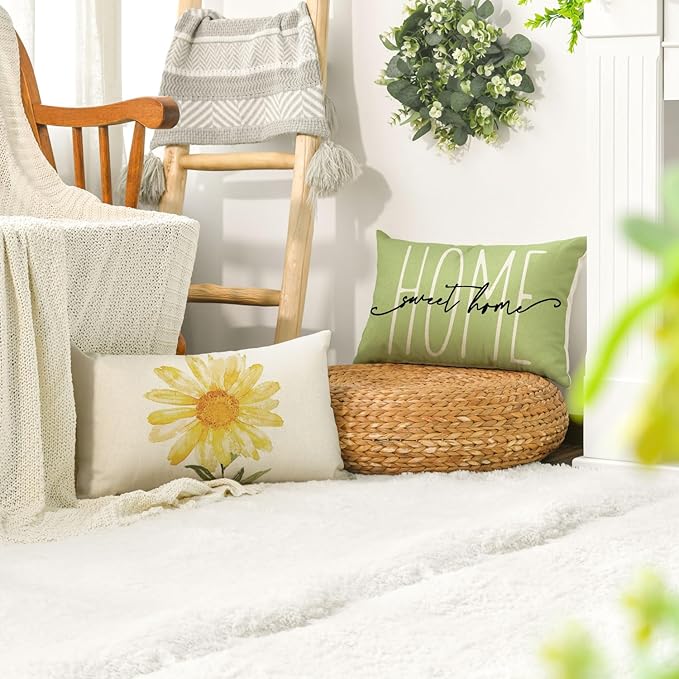 AVOIN colorlife Home Sweet Home Spring Summer Flowers Green Throw Pillow Covers, 12 x 20 Inch Cushion Case for Sofa Couch Set of 4