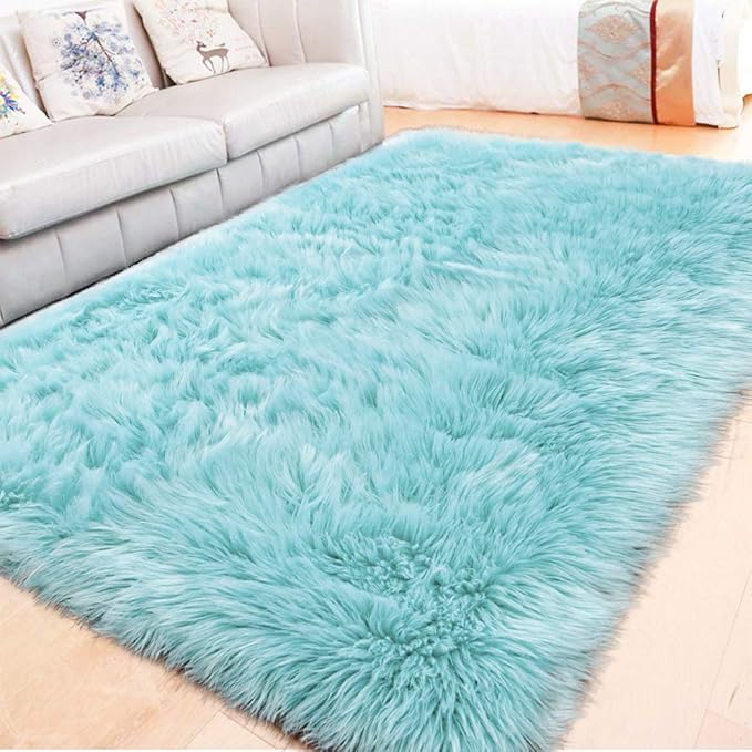 LOCHAS Soft Fluffy Faux Fur Rugs for Bedroom Bedside Rug 3x5 Feet, Washable, Furry Sheepskin Area Rug for Living Room Girls Room, Luxury Shag Carpet Home Decor, Blue