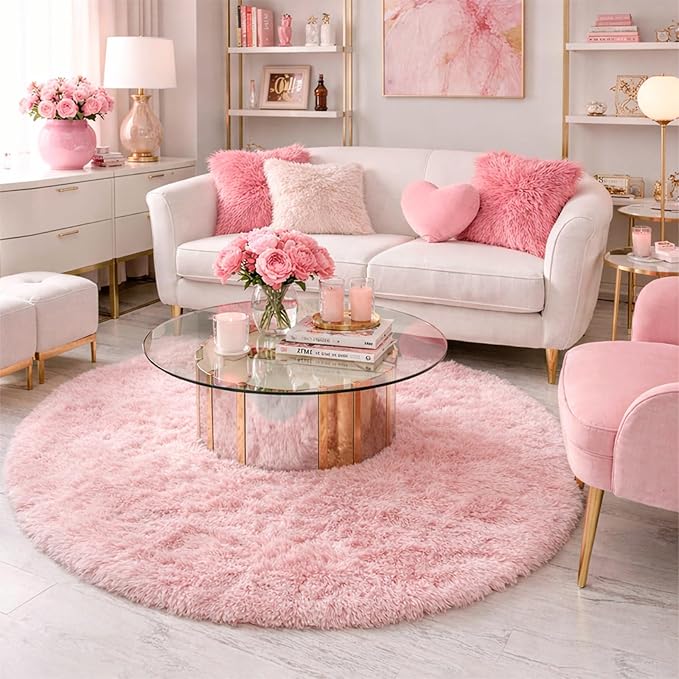 Amdrebio Pink Round Area Rugs 8Ft for Living Room, Bedroom Decor, Soft Large Circle Rug for Kids Room, Teen Girls, Fluffy Big Carpets for Baby Nursery, Dorm, Classroom, Cute Kawaii Princess Carpet