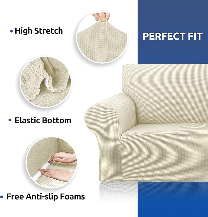 KEKUOU Stretch Oversized Sofa Slipcover 1 Piece Couch Sofa Cover (94"-110") Furniture Protector 4 Seater Sofa with Elastic Bottom for Kids,Pet.Jacquard Checked Pattern Fabric(X Large,Beige)