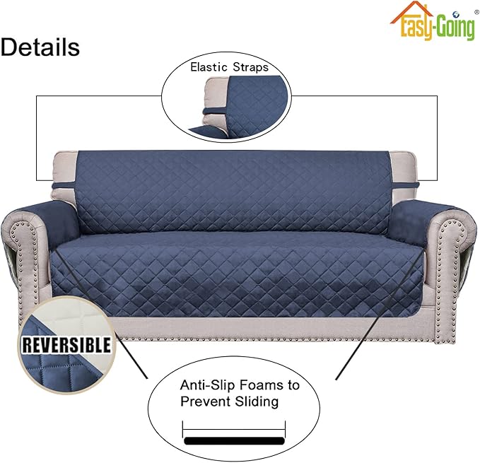 Easy-Going Reversible Couch Cover for 3 Cushion Couch Sofa Cover for Dogs Water Resistant Furniture Protector Cover with Foam Sticks Elastic Straps for Pet Cat (Sofa, Dark Blue/Ivory)