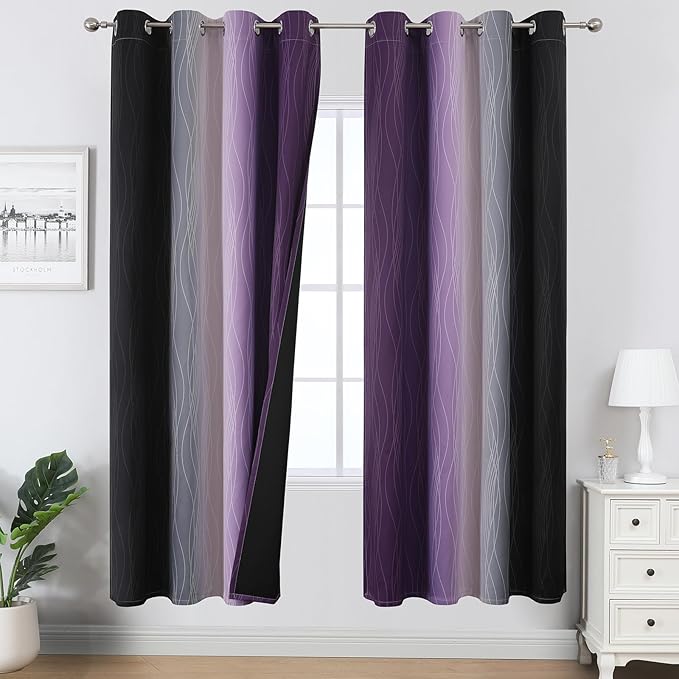 Estelar Textiler Purple and Black Blackout Curtains for Living Room, Full Room Darkening Grommet Ombre Curtains for Bedroom, Thermal Insulated Light Blocking Gradient Drapes, 52Wx72L, 2 Panels