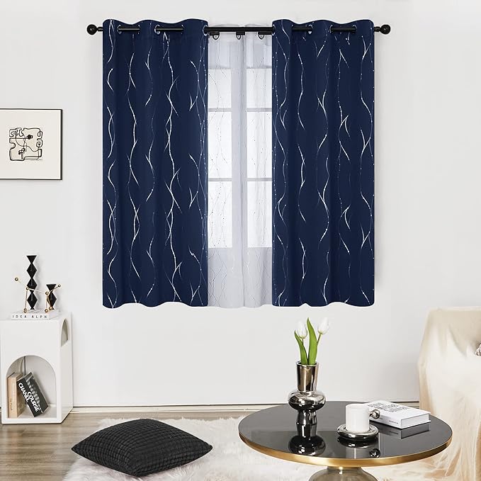 Deconovo Blackout Curtains 63 Inch Length for Living Room, Navy Blue Curtain, Thermal Insulated Soundproof Privacy Curtain with Silver Wave Dot Print, Machine Washable Window Panel for Bedroom Nursery