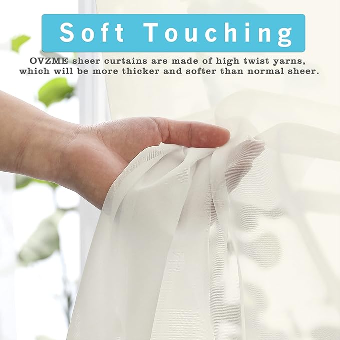OVZME Ivory Sheer Curtains 90 Inches Long 2 Panels - Soft Light Filtering Window Sheer Panels for Living Room/Bedroom, Top Dual Rod Pocket, 1 Pair, Each 42Wx90L Inches