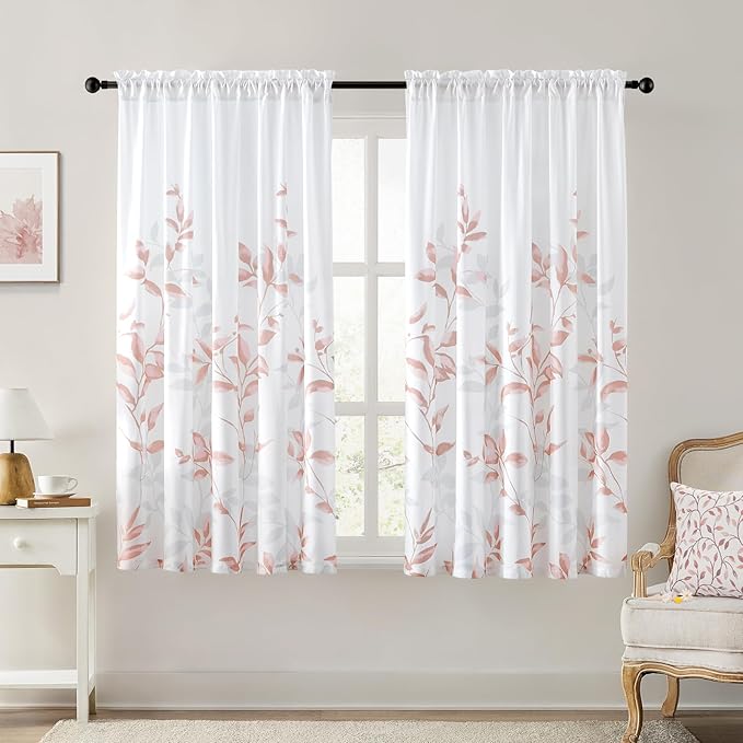 HOMEIDEAS Non-See-Through Pink and White Privacy Sheer Curtains 52 X 63 Inch Length 2 Panels, Leaf Floral Printed Light Filtering Semi Sheer Window Curtains Drapes for Bedroom Living Room