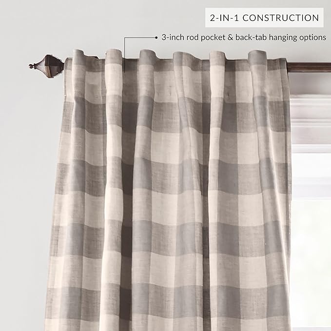 Elrene Home Fashions Farmhouse Living Grainger Buffalo-Check Blackout Window Curtain, Living Room and Bedroom Drape with Rod Pocket Tabs, 52" x 95", Grey, 1 Panel