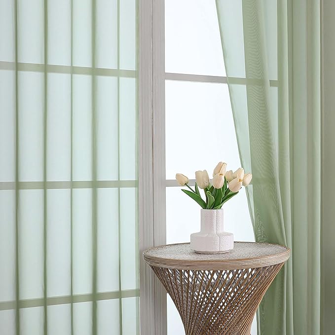 OWENIE Sheer Sage Green Curtains, Sheer Curtains 63 inch Length 2 Panels Set, Rod Pocket Voile Fimly Sheer Drapes for Living Room Bedroom, 2pcs, Sage Green, Each 59" W x 63" L