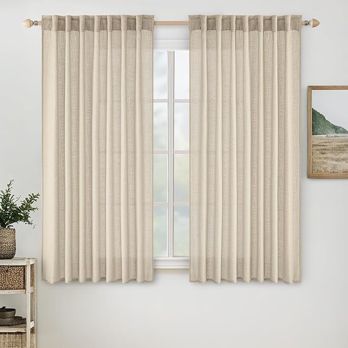 MIULEE Linen Curtains 63 Inch Length 2 Panels for Bedroom Living Room, Soft Thick Linen Textured Back Tab Kitchen Window Drapes Semi Sheer Light Filtering Rod Pocket Modern Farmhouse Decor