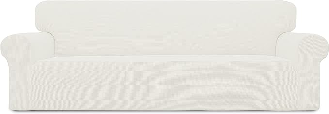 Easy-Going Stretch 4 Seater Sofa Slipcover 1-Piece Sofa Cover Furniture Protector Couch Soft with Elastic Bottom for Kids, Polyester Spandex Jacquard Fabric Small Checks Cream