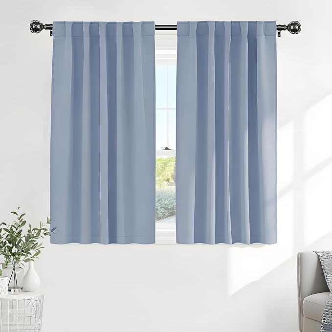 PONY DANCE Short Blackout Curtains Set - Nursery Short Curtain Panels Thermal Insulated Window Treatments Back Tab/Rod Pocket Light Blocking for Bedroom, 42 Wide 45 Long, Pigeon Blue, 2 Panels
