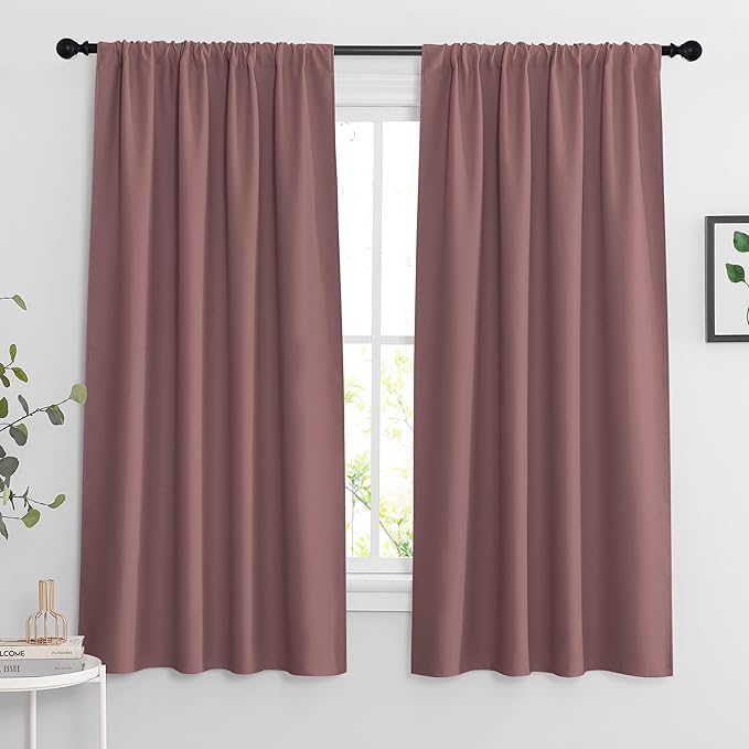 RYB HOME Blackout Curtains for Bedroom Living Room 63 inches Long, Thermal Insulated Privacy Rod Pocket Drapes for Nursery Office Home Theater, Width 34 by Length 63, Dusty Rose, 2 Panels
