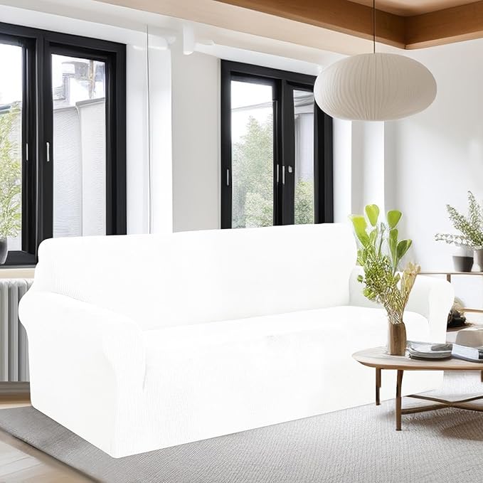 U-NICE HOME Oversized Stretch Sofa Slipcover, Soft Jacquard Fabric Couch Cover, Pet Friendly Furniture Protector, Ivory White