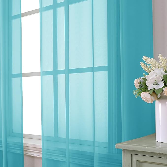 Aiyufeng Turquoise Sheer Curtains 84 Inches Long 2 Panels Set, Light Filtering Soft Airy Voile Rod Pocket Turquoise Sheer Window Drapes for Bedroom Living Room, Each 40Wx84L Inches