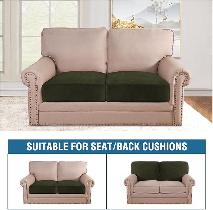 H.VERSAILTEX Velvet Stretch Couch Cushion Cover Plush Cushion Slipcover for Chair Loveseat Sofa Cushion Furniture Protector Seat Cushion Sofa Cover (2 Piece Medium Sofa Cushion Covers, Olive)