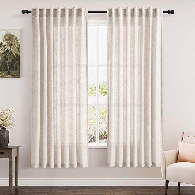Nanspring Beige Semi Sheer Linen Curtains 72 inch Length for Living Room Back Tab Rod Pocket Modern Farmhouse Coastal Decor Beige Cotton Textured Gauze Curtains for Dining Room Office 52x72