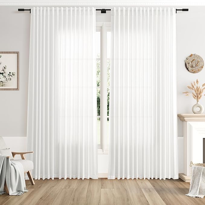 Extra Wide 100 Inch Linen Curtains for Living Room Divider Light Filtering Semi Sheer Back Tab Patio Curtains for Sliding Door Off White Coastal Decor Sunroom Floor to Ceiling Window Curtain 100x84