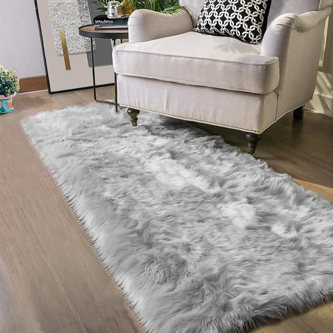 Latepis Grey Fluffy Rugs for Bedroom Rug Runner 2x5 Faux Sheepskin Fur Furry Rug for Living Room Home Décor Sofa Cushion, Runner