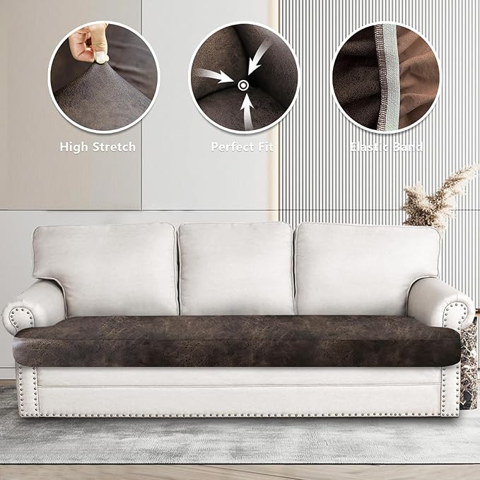 Leather Look Couch Cushion Covers Sofa Seat Slipcovers Sets Couches Furniture Protector for Sectional Armchair Loveseat Pets Kids Stretch Spandex Fabric (1 T-Cushion Sofa, Brown)