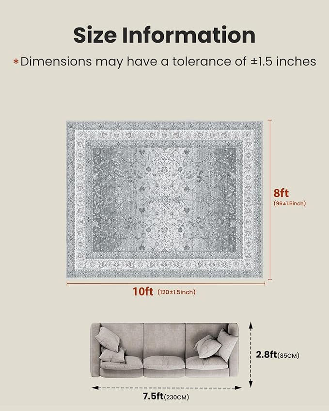AMADA HOMEFURNISHING 8x10 Area Rugs, Washable Living Room Rug with Non-Slip Backing, Low Pile and Durable Edge Binding, Soft Vintage Floral Rugs for Living Room, Bedroom, Dining Room