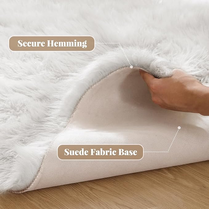 ORINOVA White Fluffy 5x7 Washable Area Rugs for Bedroom Faux Fuzzy Sheepskin Fur Rug for Living Room Nursery Rug