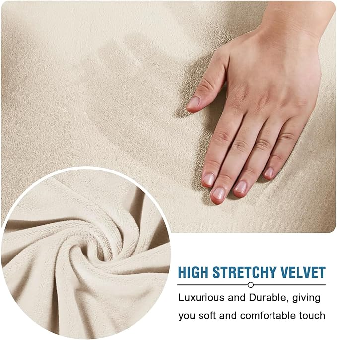 H.VERSAILTEX Modern Velvet Plush 4 Piece High Stretch Sofa Slipcover Sofa Cover Furniture Protector Form Fit Thick Velvet Sofa Cover for 3 Cushion Couch Width Up to 90 Inch (Sofa, Cream)