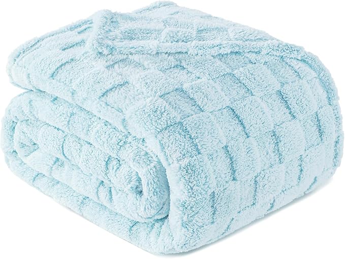 Exclusivo Mezcla Queen Size Flannel Fleece Blanket, Super Soft and Warm Lightweight Checkered Pattern Blankets for All Seasons, 90x90 Inches, Light Blue