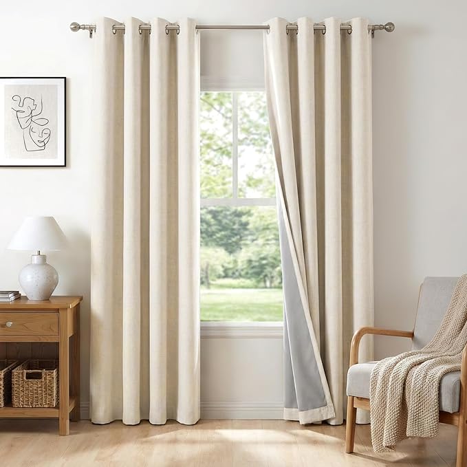 100% Blackout Shield Linen Blackout Curtains for Bedroom, Butter Cream Grommet Curtains for Living Room, Thermal Insulated Room Darkening Drapes for Nursery, Boho Home Decor, 50" W x 96" L, 2 Panels
