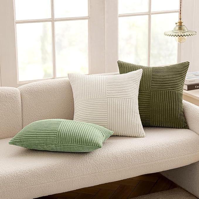 MIULEE Sage Green Decorative Throw Pillow Covers 18x18 Inch for Couch Bed Sofa Spring Decor Pack of 2 Boho Farmhouse Throw Pillows Soft Cross Corduroy Patchwork Textured Cushion Cases