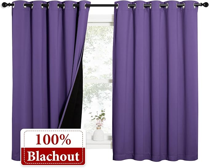 NICETOWN 100% Blackout Curtains with Black Liners, Thermal Insulated Full Blackout 2-Layer Lined Drapes, Energy Efficiency Window Draperies for Bedroom (Lilac Purple, 2 Panels, 62-inch W by 63-inch L)