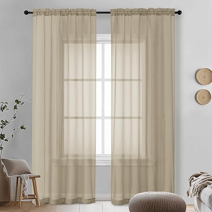 OVZME Taupe Sheer Curtains 90 Inches Long 2 Panels - Soft Light Filtering Window Sheer Panels for Living Room/Bedroom, Top Dual Rod Pocket, 1 Pair, Each 42Wx90L Inches