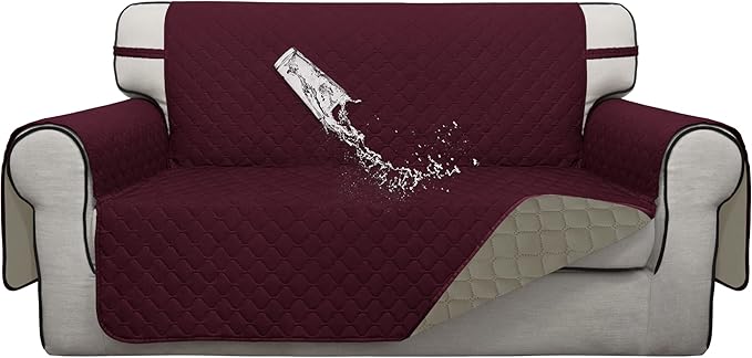 ISSUNTEX Double Protection 100% Waterproof Loveseat Sofa Covers for Living Room, Couch Covers for 2 Cushion Couch Sofa, Reversible Furniture Protector Sofa Cover for Dogs (Loveseat, Wine/Beige)