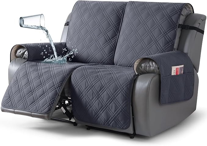 TAOCOCO 100% Waterproof Recliner Loveseat Covers 2 Seater, Split Loveseat Covers for Reclining loveseat, Non Slip Reclining Couch Cover with Double Straps for Kids, Pets(2 Seater, Dark Grey)