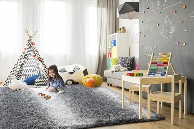 TWINNIS Super Soft Shaggy Rugs Fluffy Carpets, 5x8 Feet, Indoor Modern Plush Area Rugs for Living Room Bedroom Kids Room Nursery Home Decor, Upgrade Anti-Skid Rectangular Fuzzy Rug, Grey White