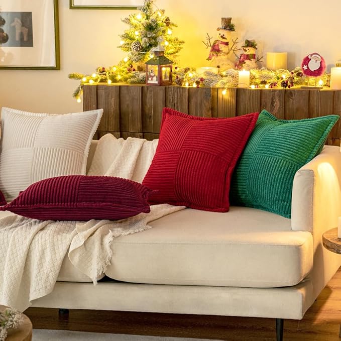 MIULEE Decorative Throw Pillow Covers for Couch Bed Livingroom 18x18 Inch Set of 2 White Boho Accent Throw Pllows Broadside Striped Patchwork Soft Corduroy Pillowcases