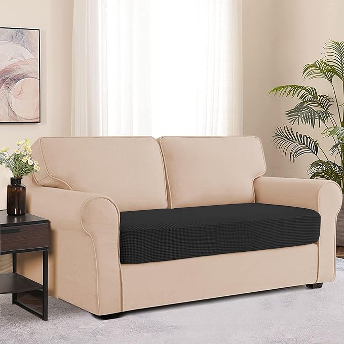 Water Repellent Sofa Cushion Slipcovers, Stretch Spandex Couch Cushion Covers, Furniture Protector Slipcovers Slip Cover for Sofa Seat (Loveseat Cushion, Black)