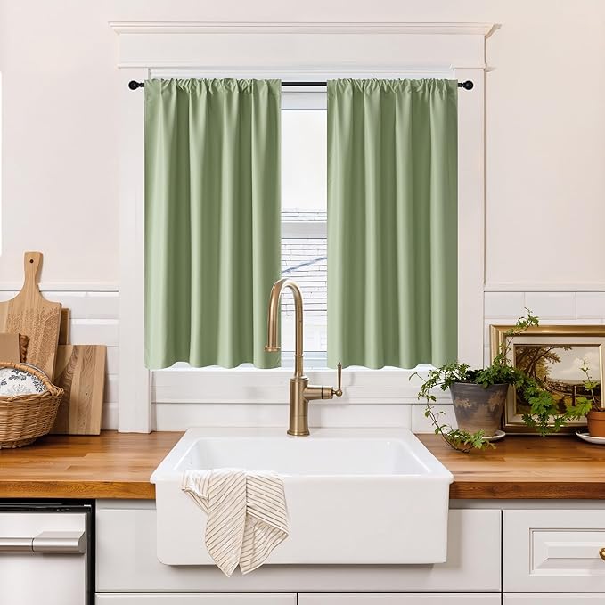 RYB HOME 100% Blackout Short Curtains for Small Window, Thermal Insulated Total Room Darkening Noise Reducing Curtains for Kitchen Bathroom Basement, 42 inches Wide by 36 inches Long, Sage Green