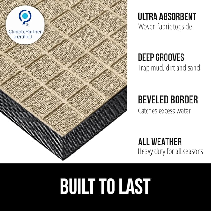 GORILLA GRIP 100% Waterproof All-Season WeatherMAX Doormat US Designed Natural Rubber, Stain and Fade Resistant, Low Profile Indoor Outdoor Door Mats, Easy Clean Patio Mat, 29x17, Taupe Grid