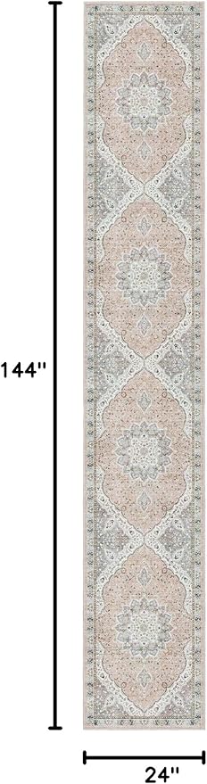 Madane Hallway Runner Rug 2x12, Extra Long Washable Runner Rugs with Rubber Backing, Non Slip Carpet Runner for Hallway, Vintage Rug Runners for Kitchen Laundry Room Entryway (Pink/Gray, 2'x12')