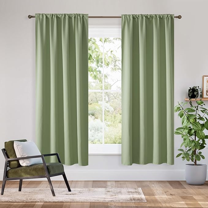 RYB HOME Bedroom Blackout Curtains 72 inches Long, 100% Blackout Thermal Insulated Noise Reducing Curtains for Living Room Nursury, 62 inches Wide by 72 inches Long, Sage Green