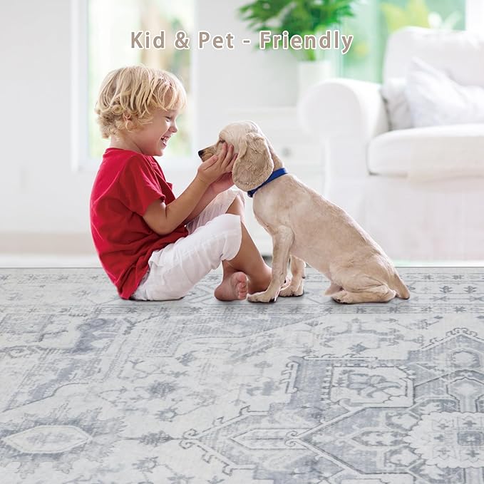 Srugn Area Rug 6x9 Washable Area Rugs for Living Room- Ultra Soft Non-Shedding Faux Wool Bedroom Rug Large Grey Vintage Print Rugs with Non Slip Rubber- Indoor Retro Foldable Carpet for Dining Room