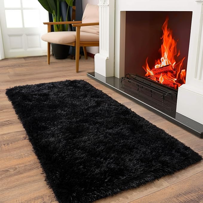 Soft Runner Rugs for Bedroom Hallways, 2x4 Black Fluffy Shag Throw Area Rug Non Slip for Bedside Dorm, Long Shaggy Furry Carpet for Nursery Living Room
