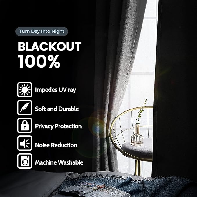 SimpleHome 100% Blackout Curtains for Bedroom,Thermal Insulated Grommet Window Drapes Room Darkening Grey Curtains for Living Room with Black Back,42 x 63 Inch,2 Panels