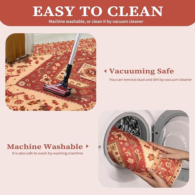 SERISSA 6x9 Area Rugs for Living Room, Large Washable Non-Slip Boho Rug, Ultra Soft Vintage Red Oriental Tribal Print Distressed Carpet for Dining Room Bedroom Dorm Office Home Decor