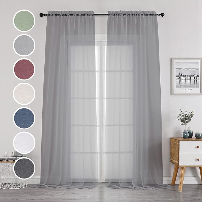 OWENIE Grey Sheer Curtains 144 inch Extra Long, Elegant and Airy Drapes Translucent Window Treatments for Living Room/Bedroom, Grey, 2 Panels=84" Wide