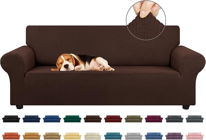 KEKUOU Stretch Sofa Cover Slipcover ，Couch Covers for 3 Cushion Couch Sofa pet Friendly (78"-94") Furniture Protector Sofa with Elastic Bottom for Kids,Dog, Jacquard Small Checked(Large,Chocolate)
